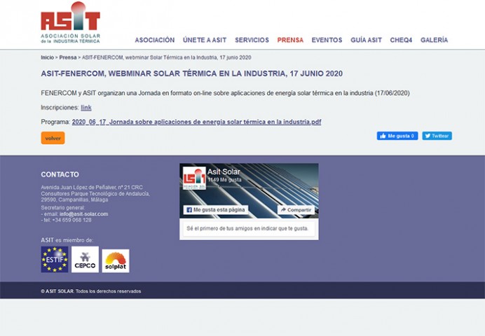 Jornada en formato on-line sobre aplicaciones de energía solar térmica en la industria