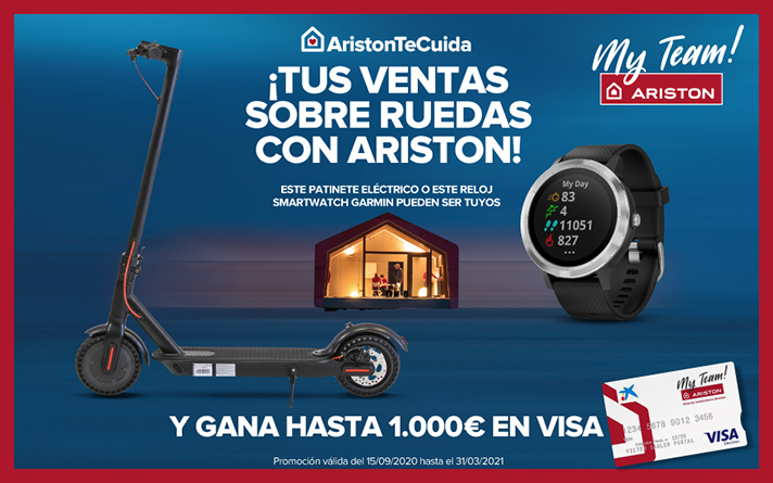 Ariston regala un patinete eléctrico o un reloj smartwatch Garmin y acumular hasta 1.000 € en tu tarjeta recargable VISA dentro de su campaña #AristonTeCuida a través de su portal MyTeam