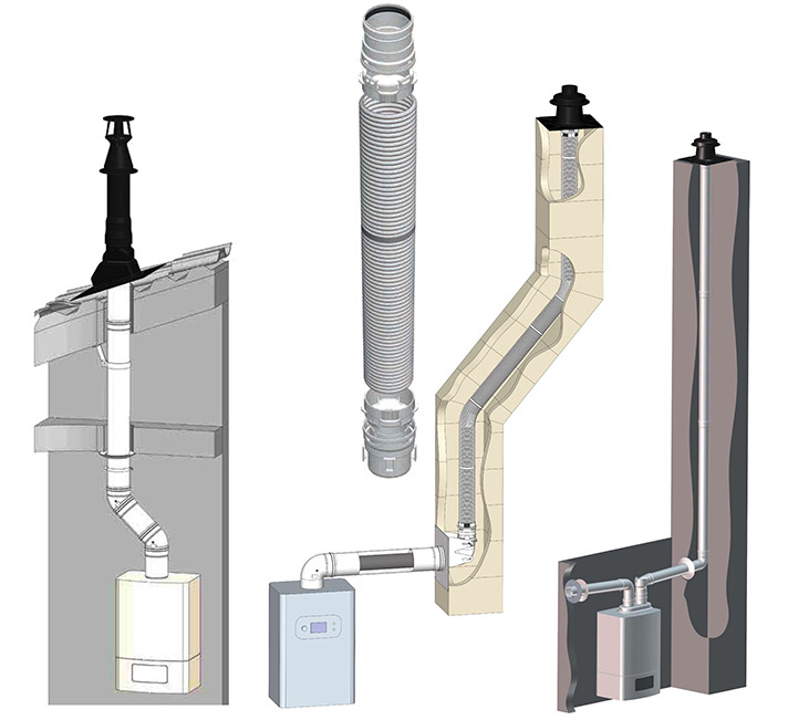 De izquierda a derecha: chimeneas Cabel PPH Concentric, Cabel PPH Flex y Cabel PPH SW